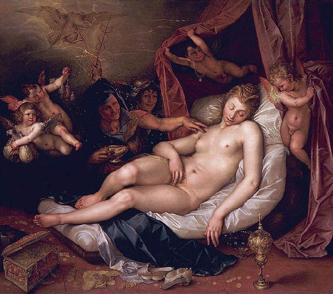Hendrick Goltzius Danae receiving Jupiter as a shower of gold. Spain oil painting art